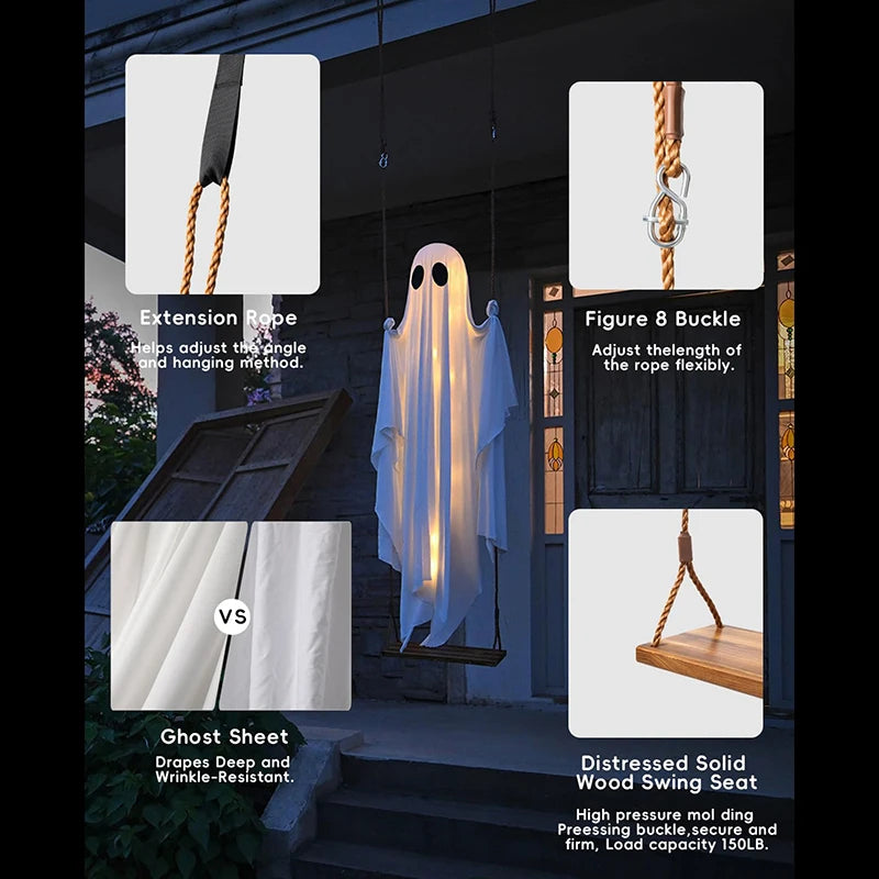 Belro outdoor ghost Halloween decoration with LED lights, swing, and spooky details, perfect for festive outdoor decor
