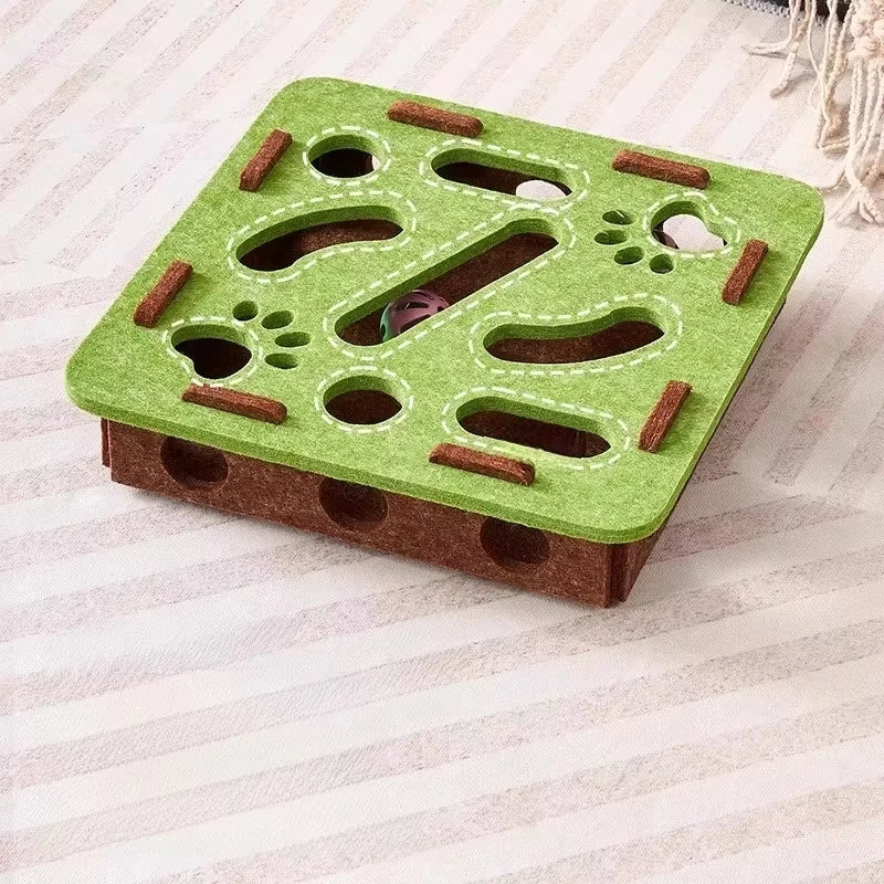 Felt interactive cat puzzle toy box by Belro with colorful compartments for engaging feline play and mental stimulation.