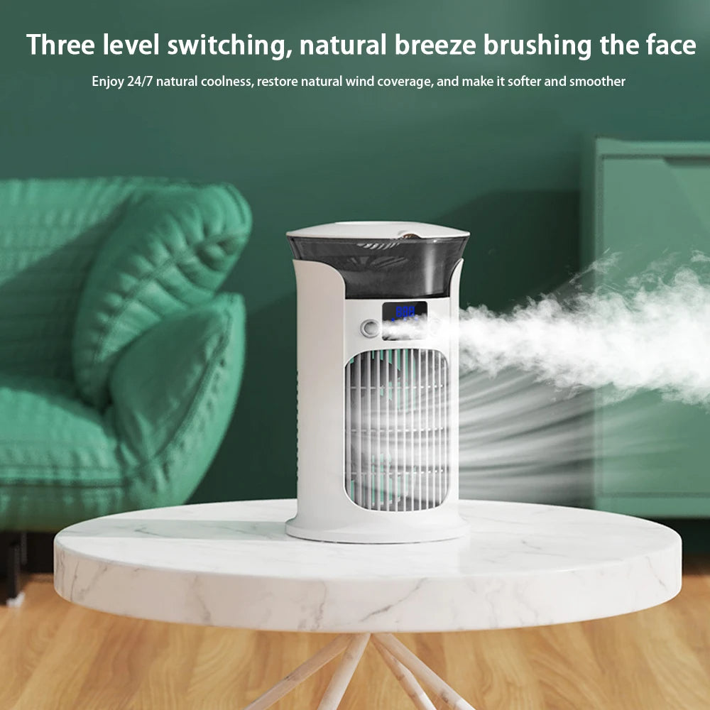 Belro mini portable air conditioner for home and outdoor use, compact unit with vents and control panel visible.