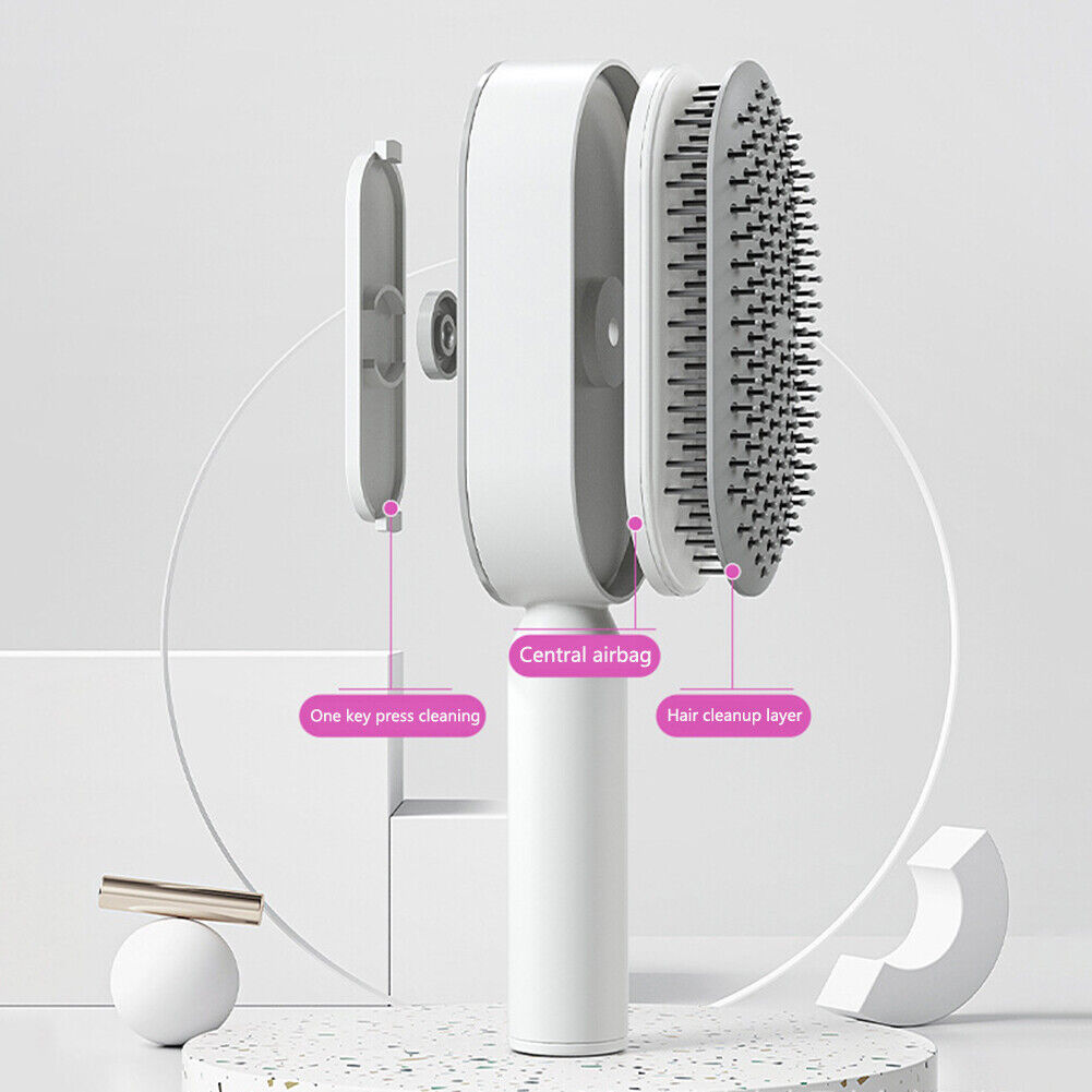 Belro self-cleaning hair brush with ergonomic handle and flexible bristles for easy hair detangling and cleaning.