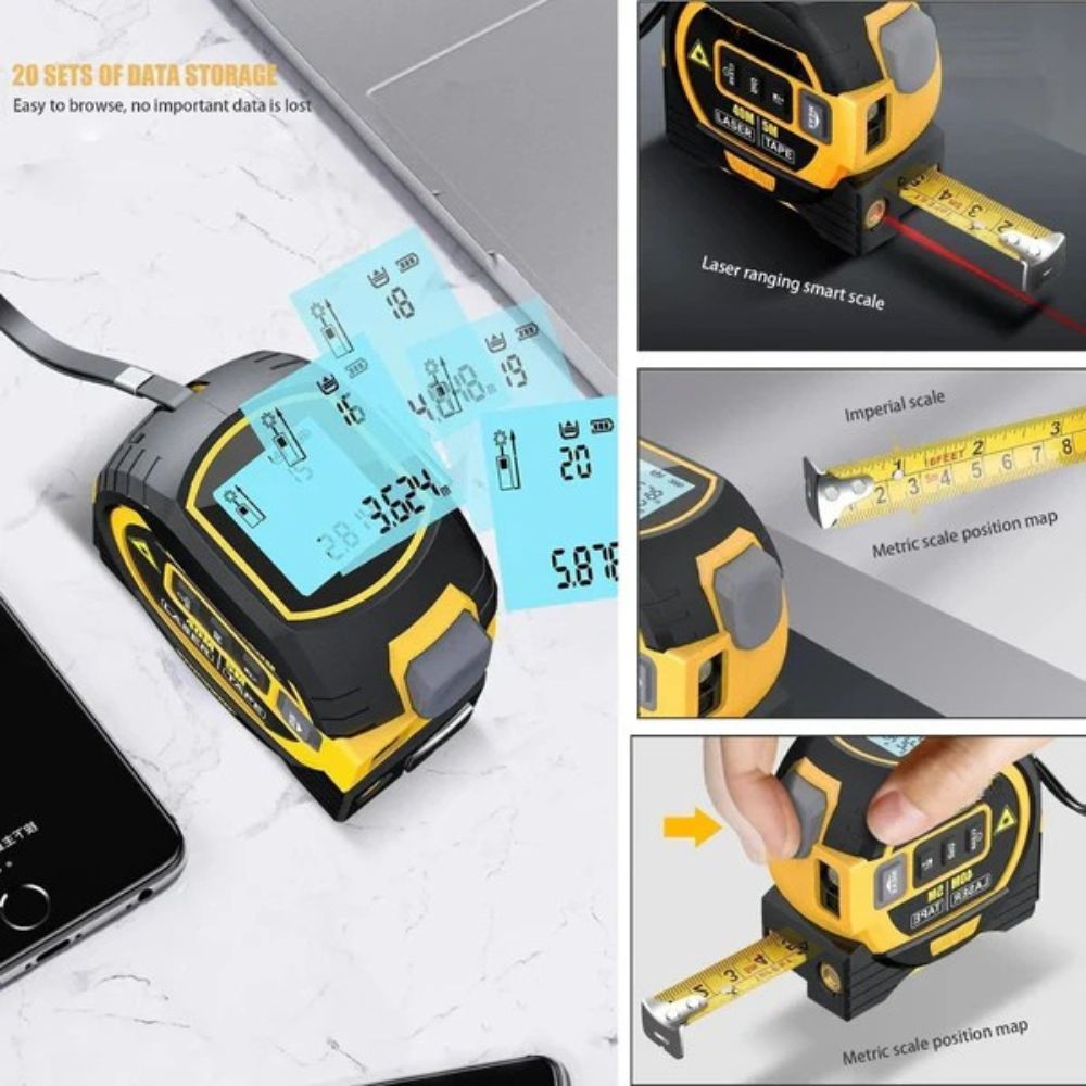 Belro 3-in-1 infrared laser tape measure showing digital display and laser emitter for precise distance measurement.