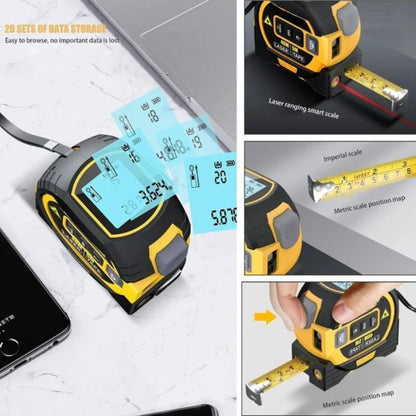Belro 3-in-1 infrared laser tape measure showing digital display and laser emitter for precise distance measurement.