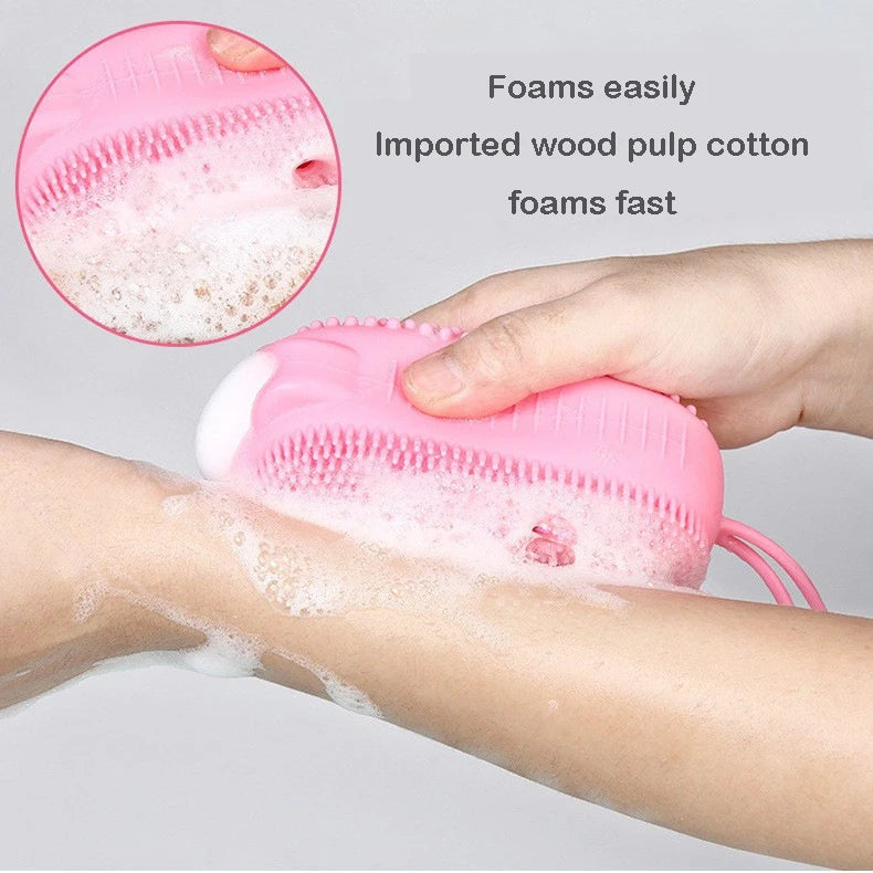 Belro silicone body scrubber with integrated soap dispenser, soft textured exfoliating tool for body skincare.