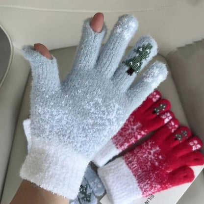 Belro festive fleece-lined knit fingerless gloves showing cozy texture and festive pattern, perfect for winter accessories.