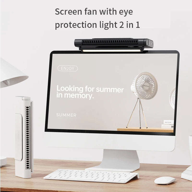 Belro USB bladeless fan and desktop air conditioner on a desk, compact electronic home appliance for cooling.