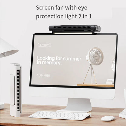 Belro USB bladeless fan and desktop air conditioner on a desk, compact electronic home appliance for cooling.