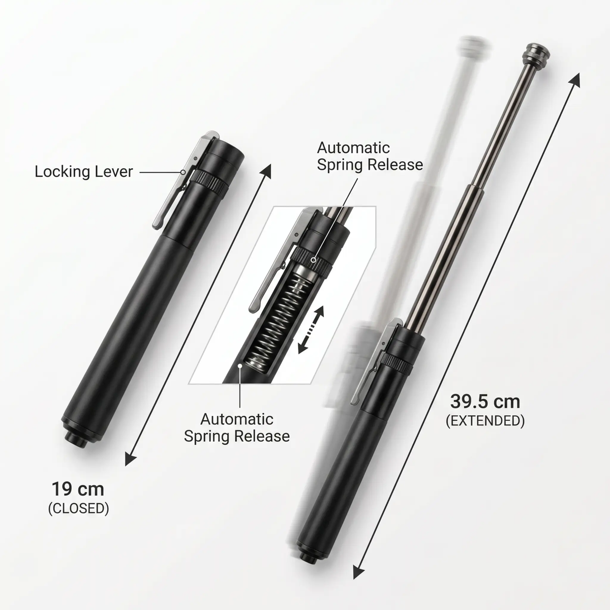 Extendable BowLift self-defense stick with compact design for personal safety, featuring a sturdy handle and telescoping length.