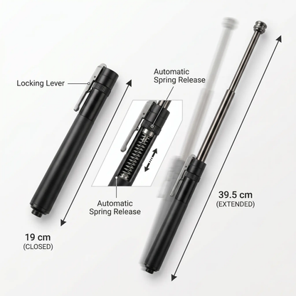 Extendable BowLift self-defense stick with compact design for personal safety, featuring a sturdy handle and telescoping length.