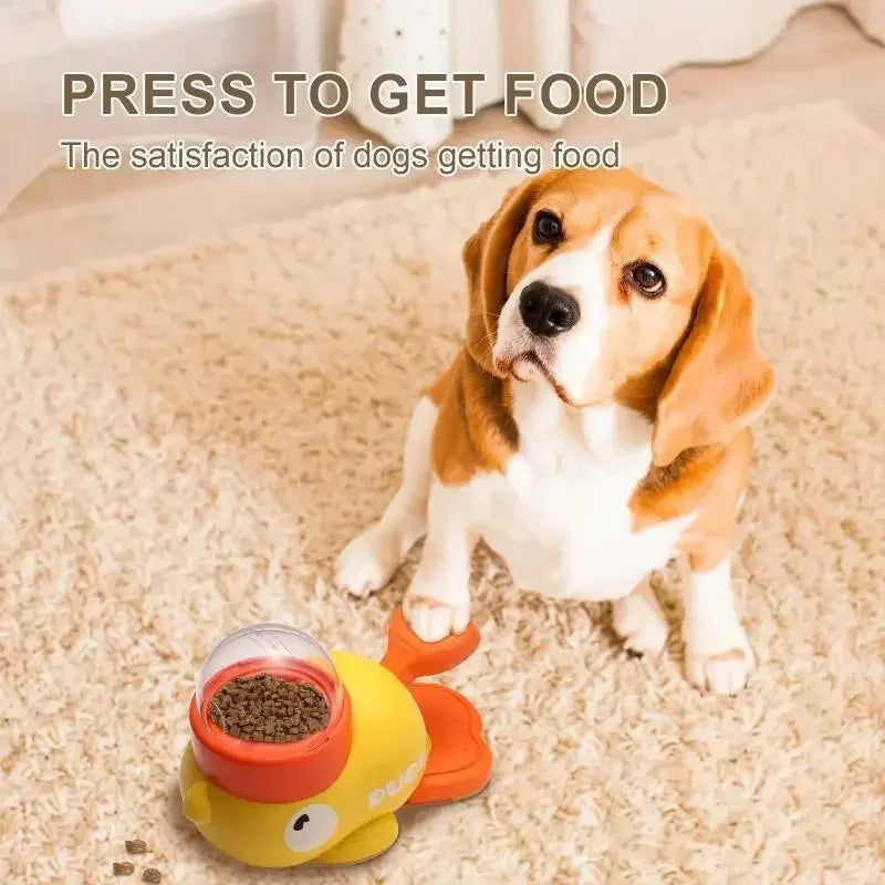 Belro interactive cartoon duck dog puzzle feeder on kitchen countertop, made of colorful plastic for engaging pet feeding.