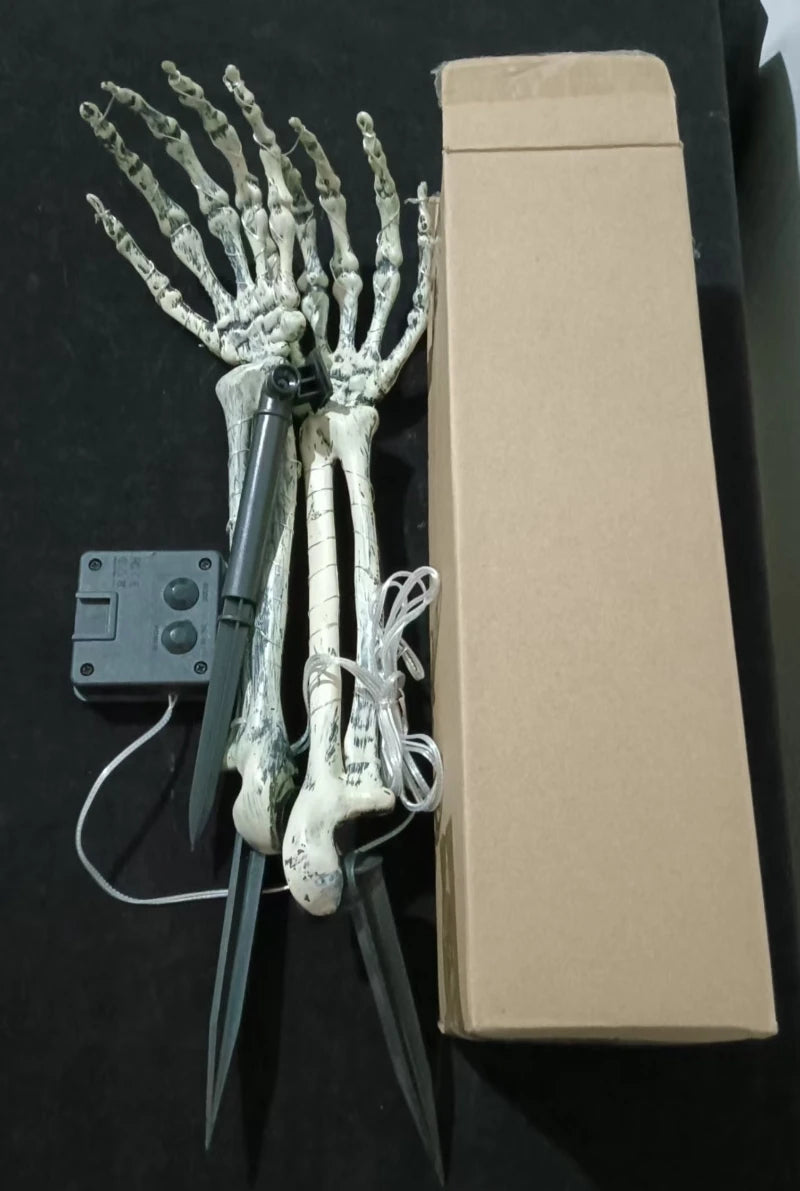 Belro Halloween Skeleton Hand solar lights accessory attached to umbrella, spooky skeleton hand design for outdoor decor.