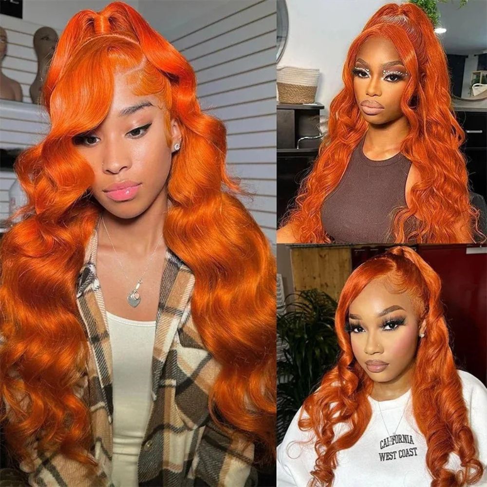 Long wavy orange ginger red lace front wig by Belro, showcasing vibrant color and soft, flowing hair with lace front detail.