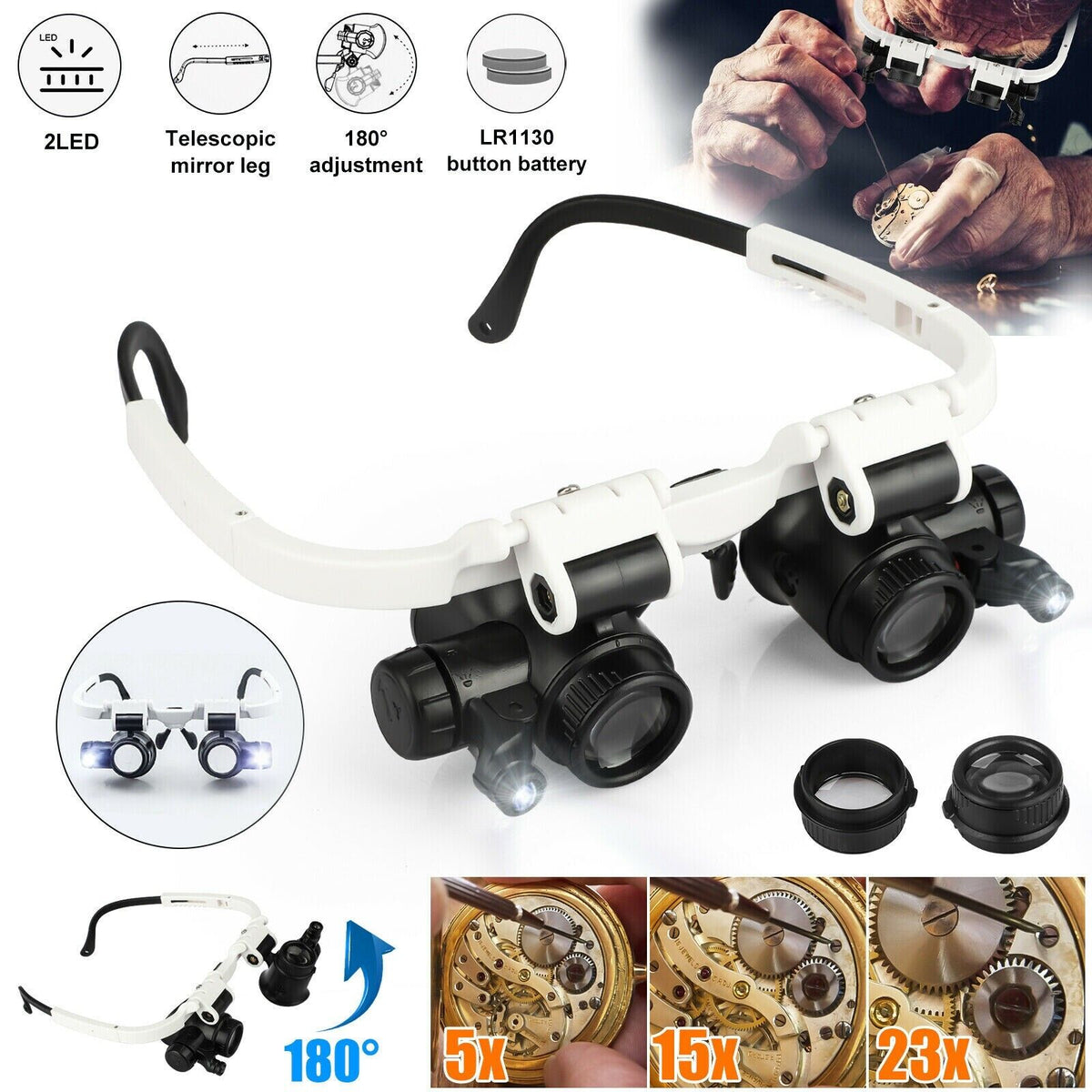 Belro headband magnifier with 8 LED lens, jeweler glasses, adjustable optics for detailed viewing and enhanced illumination.