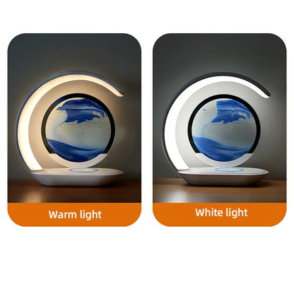 Belro 3D Sand Art Table Lamp with wireless charger, showcasing a colorful illuminated sand display on an electronics power and charging device