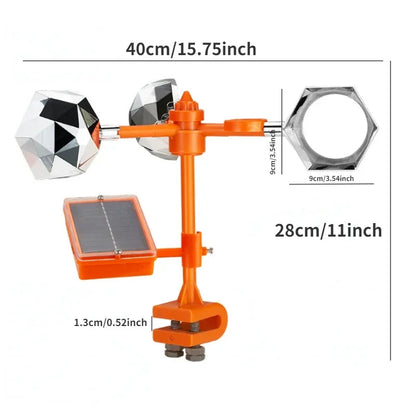 Belro 360-degree reflective solar-powered bird repeller with reflective surfaces in a garden setting, designed to deter birds naturally.