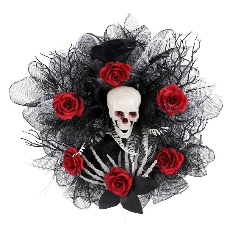 Red rose skull Halloween garland wreath by Belro, home decor with spooky floral and skull elements for front door decoration.