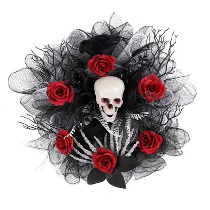 Red rose skull Halloween garland wreath by Belro, home decor with spooky floral and skull elements for front door decoration.