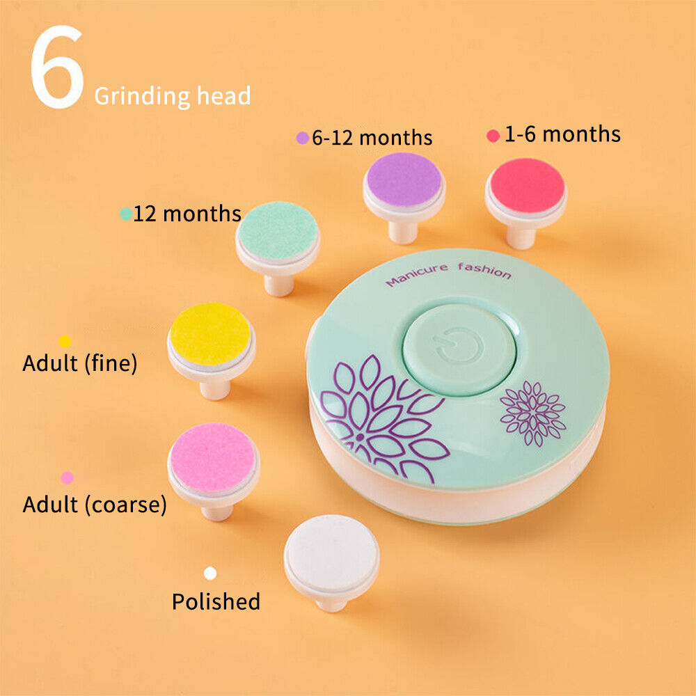 Baby nail trimmer with six grinding heads from Belro, showing a compact device designed for gentle nail grooming for babies and kids.