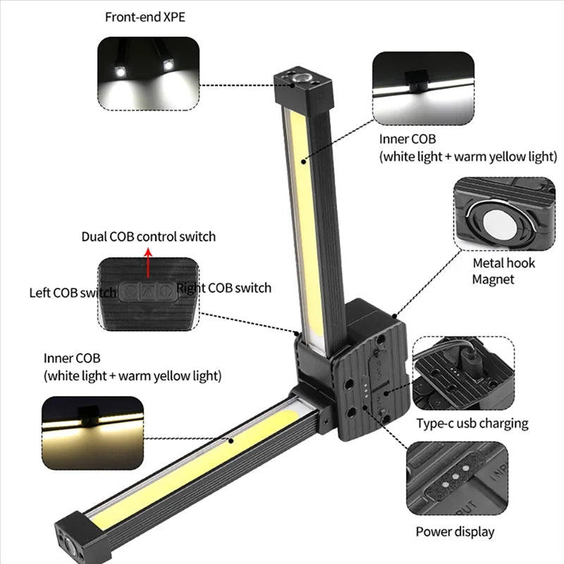 Belro rechargeable COB LED work light with adjustable handle and bright illumination for construction and outdoor tasks.