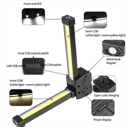 Belro rechargeable COB LED work light with adjustable handle and bright illumination for construction and outdoor tasks.