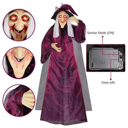 Belro animated Halloween witch decor with glowing eyes and sound, designed for men's costume or Halloween clothing.