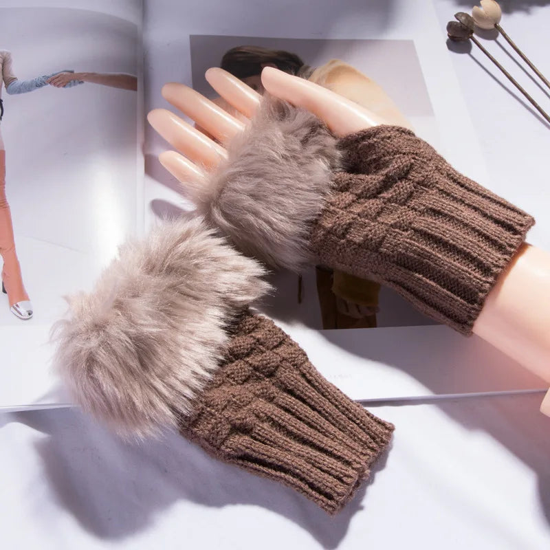 Belro faux fur fingerless winter gloves with hand warmer, stylish clothing accessory for cold weather.