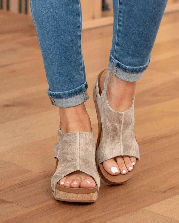 Women's leather platform wedge orthopedic sandals by Belro with supportive design and stylish appearance.