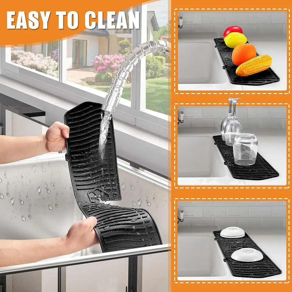 Belro silicone kitchen sink splash guard installed around the sink edge to prevent water splashes and spills.