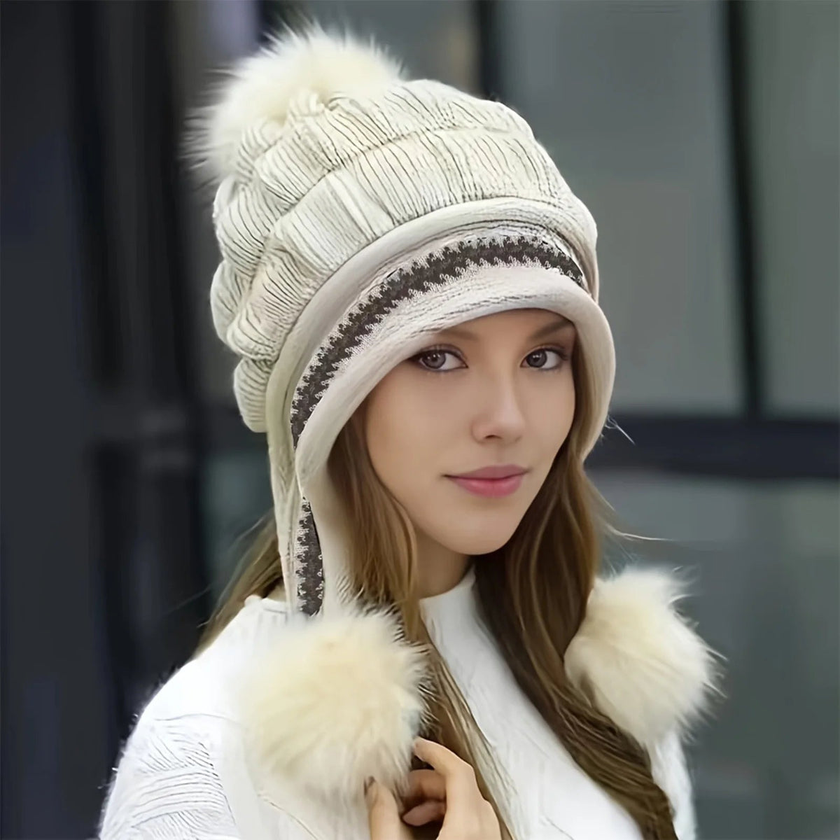 Belro fleece-lined winter hat with faux fur pom pom, cozy and warm accessory for cold weather, featuring a stylish winter cap design.