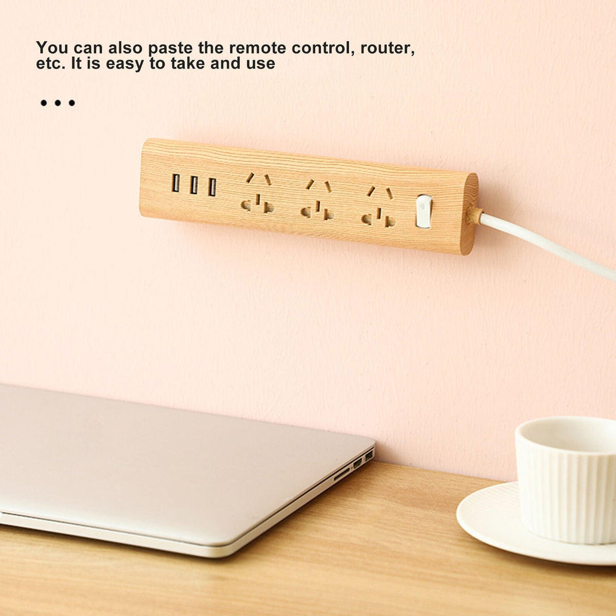 Belro adhesive punch-free socket holder for men, shown holding a power strip on a wall, easy to install without tools.