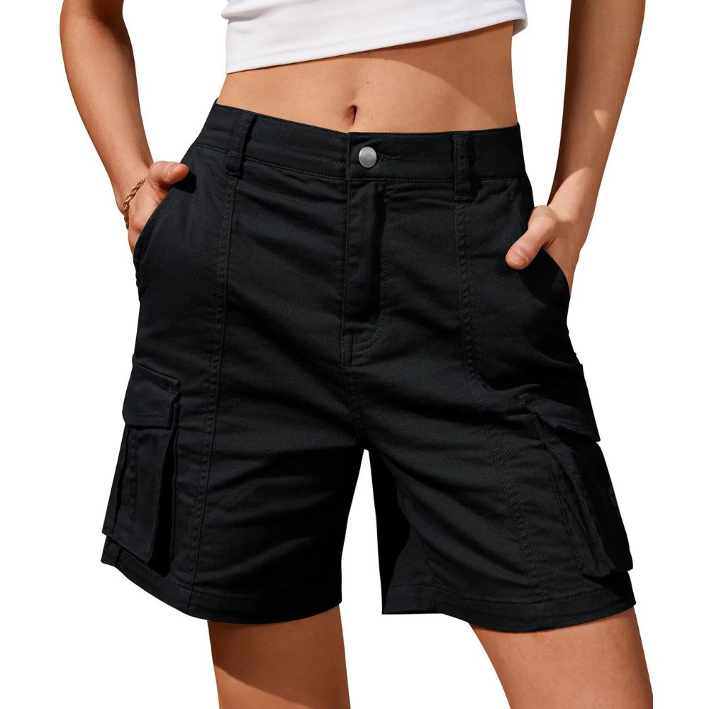 Women's low waist long cargo shorts by Belro, featuring multiple pockets and a relaxed fit, perfect for casual workwear.