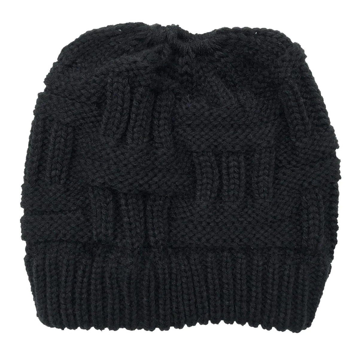 Women’s winter knit beanie hat with ponytail opening by Belro, cozy knit cap for cold weather, stylish winter accessories.