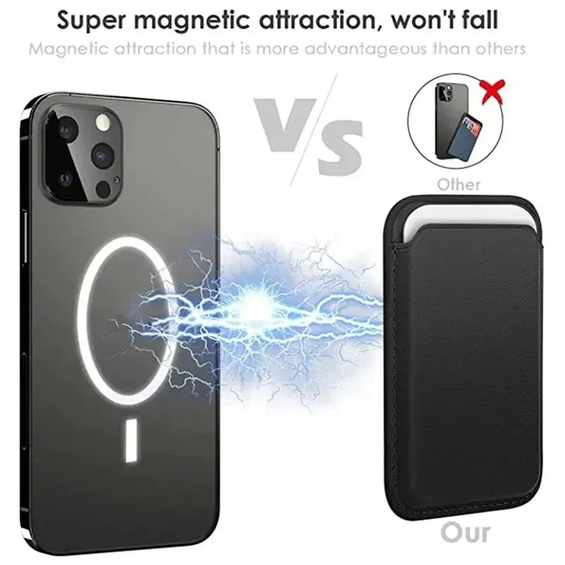 Belro Magnetic Leather Card Holder Wallet attached to an iPhone, compact accessory with card slots in black leather.