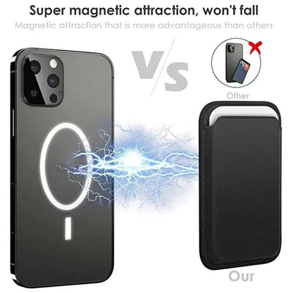 Belro Magnetic Leather Card Holder Wallet attached to an iPhone, compact accessory with card slots in black leather.