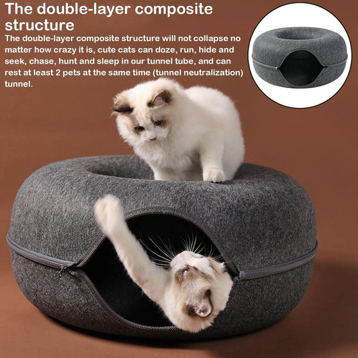 Belro Tunnel Interactive Cat Bed showing a cozy fabric tunnel with cat toys inside, designed for feline play and comfort.