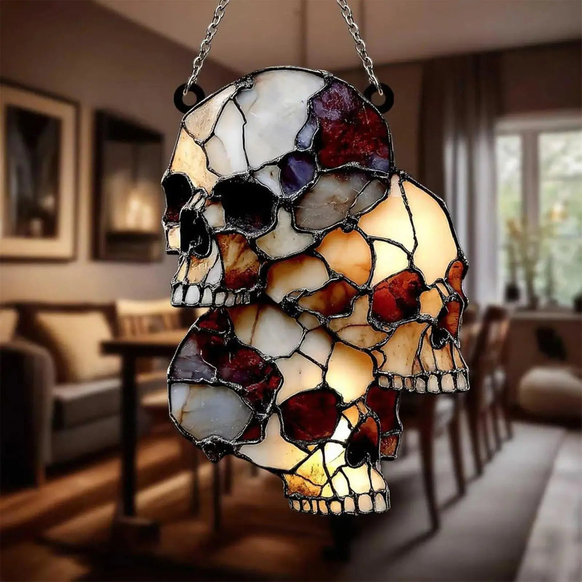 Belro hanging skeleton head Halloween skull decoration for home and garden decor, with ghoulish details and eerie appearance.
