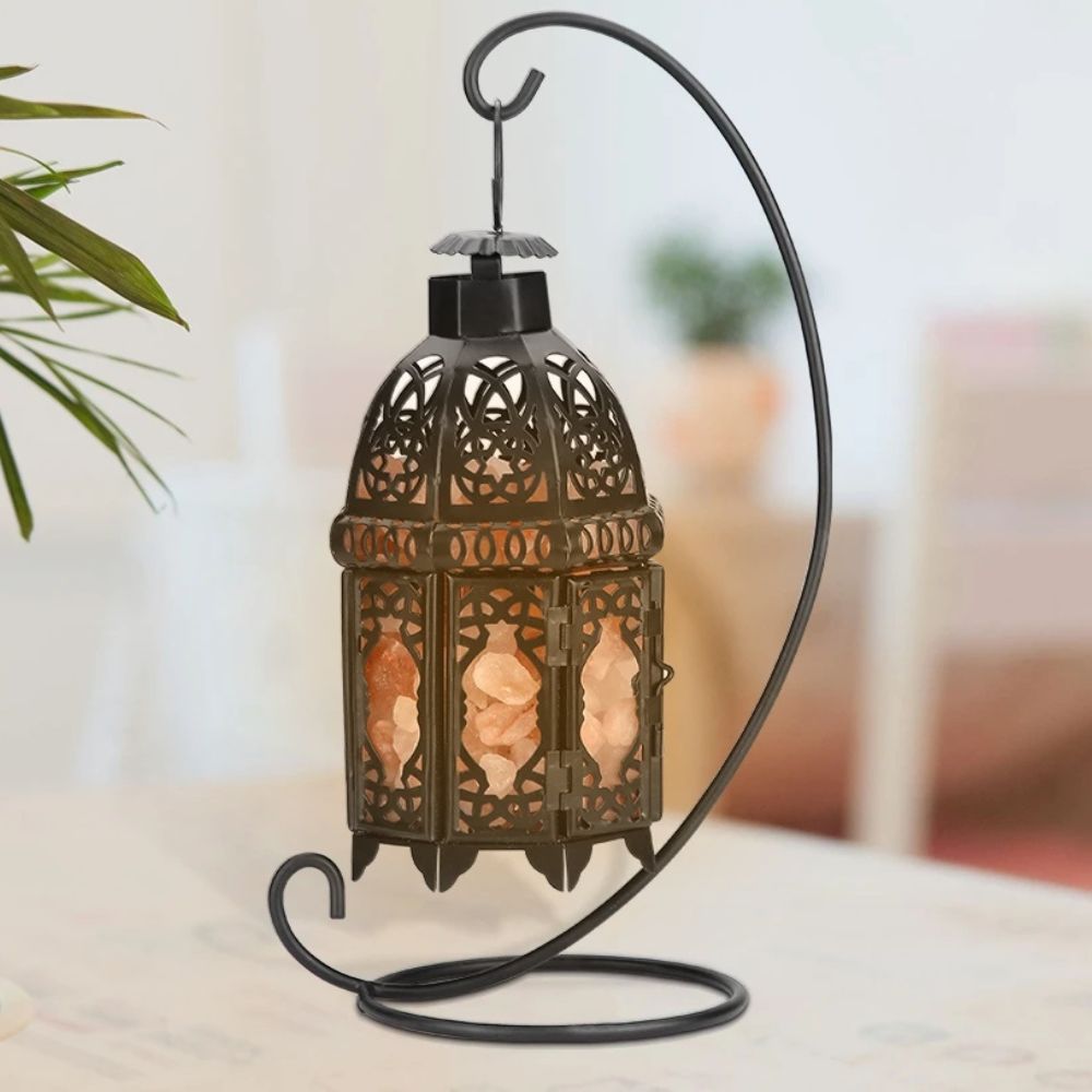 Vintage iron salt rock tabletop lamp by Belro, outdoor home and garden lighting with rustic design and warm glow.