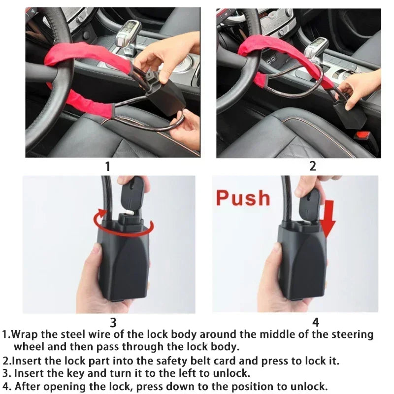 Universal car steering wheel lock with seat belt security by Belro, shown secured around a steering wheel for theft prevention.