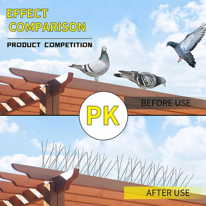 Belro outdoor stainless bird repeller spikes installed on a garden fence to prevent bird perchings and protect outdoor spaces.