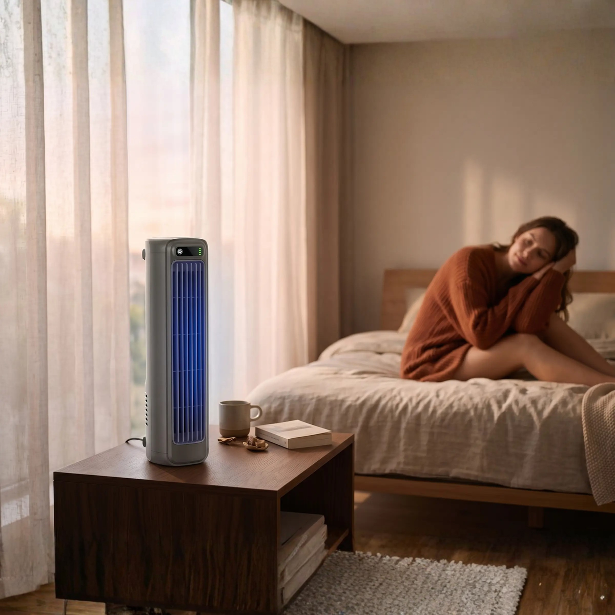 Portable rechargeable air conditioner by BowLift with a sleek design, showing vents, control panel, and compact size for easy use.