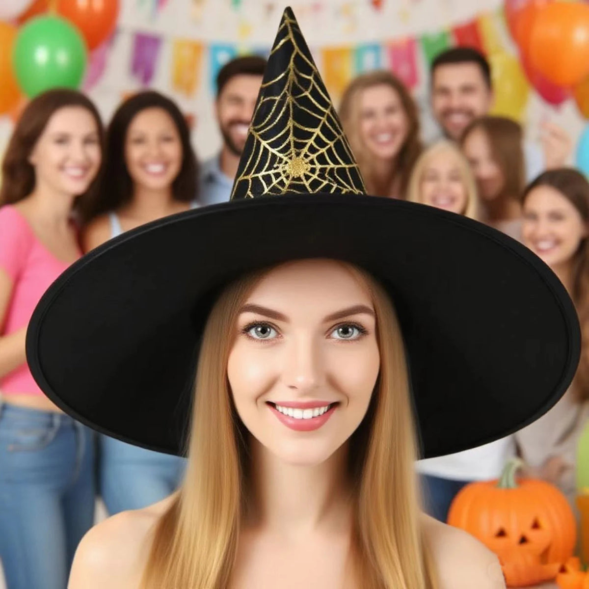 Colorful spider web witch hat from Belro Halloween costume with vibrant web design and pointed brim, perfect for spooky costumes.