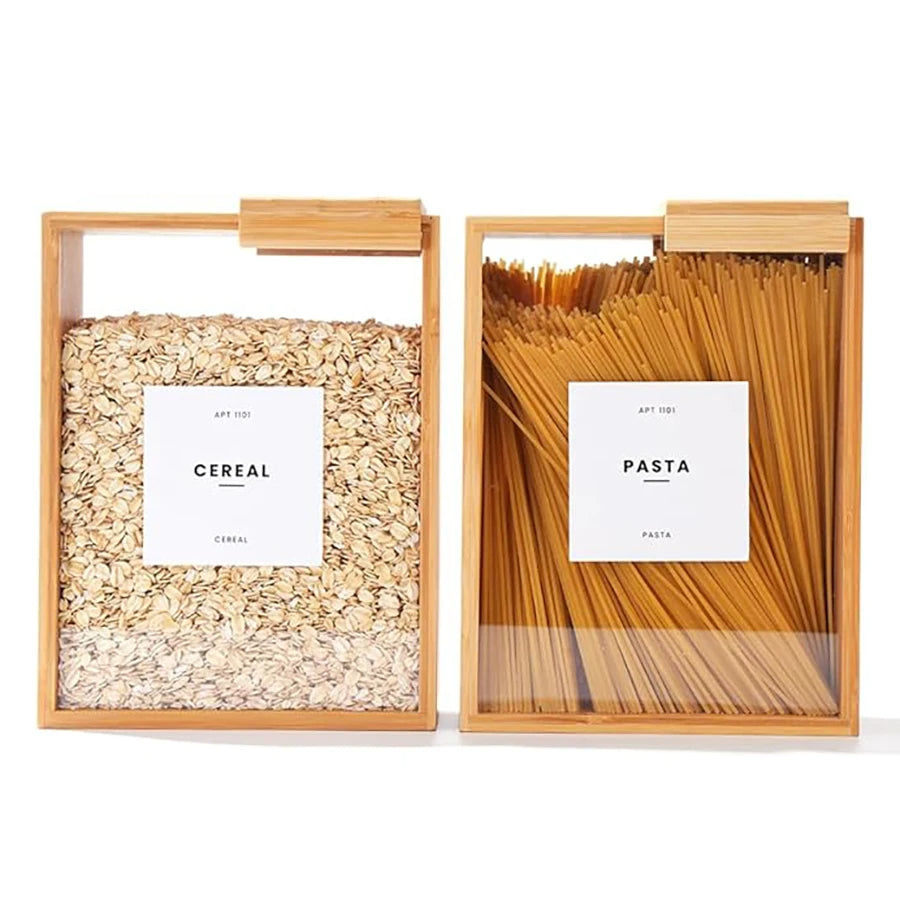 Belro bamboo cereal dispenser and food storage container with a clear lid, ideal for kitchen and dining organization.