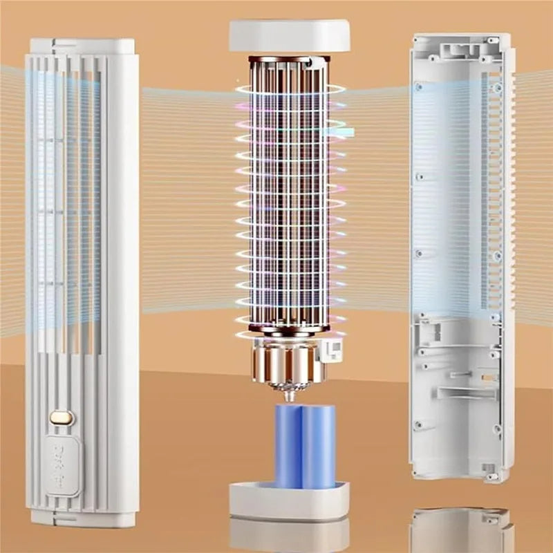 Belro USB rechargeable portable tower fan, compact home air conditioner and fan with adjustable settings and built-in rechargeable battery.