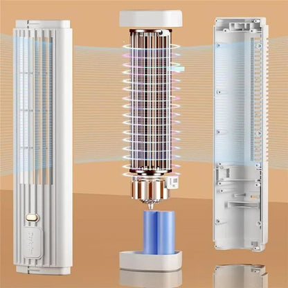 Belro USB rechargeable portable tower fan, compact home air conditioner and fan with adjustable settings and built-in rechargeable battery.