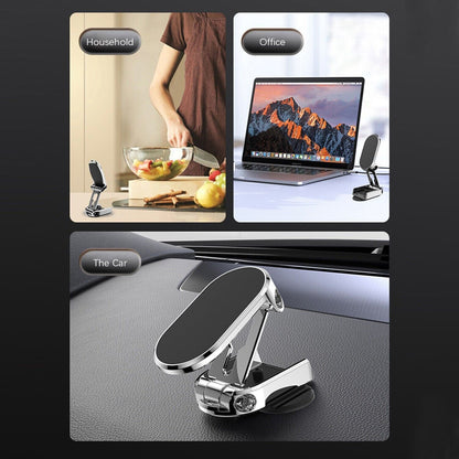 Belro folding magnetic car phone holder mounted on a dashboard, holding a smartphone securely for easy navigation and hands-free use.