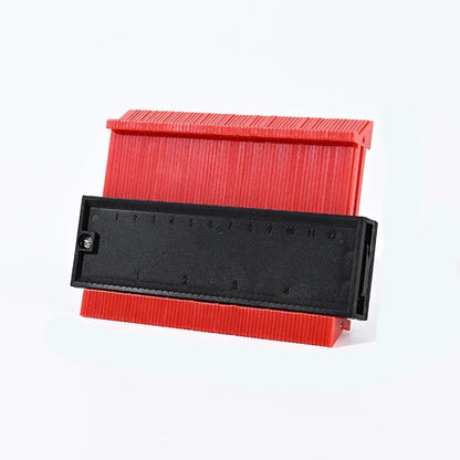 Red 5-inch Belro contour gauge for woodworking and construction, featuring adjustable metal pins for precise shape copying.