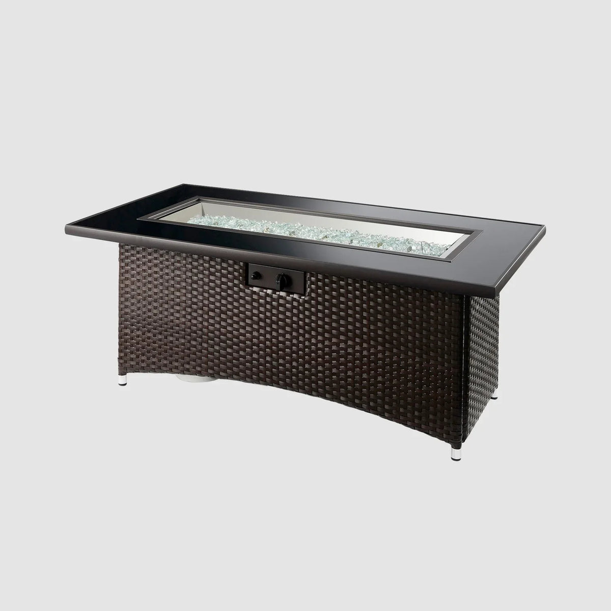 Casavibeo Montego Linear Gas Fire Pit Table with sleek black finish and modern design, showing the fire and tabletop details.