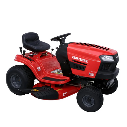 Craftsman T110 42-inch riding mower with 17.5 HP Briggs and Stratton engine and 7-speed transmission, shown from the side.