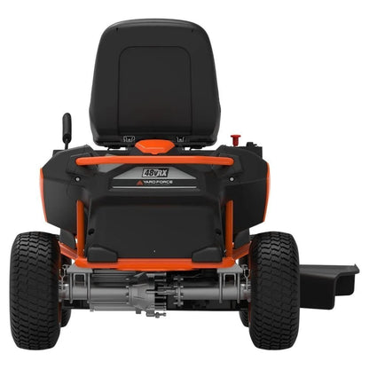 Casavibeo Yard Force 38-inch 48V battery-powered riding lawn mower with cutting deck and ergonomic seat.