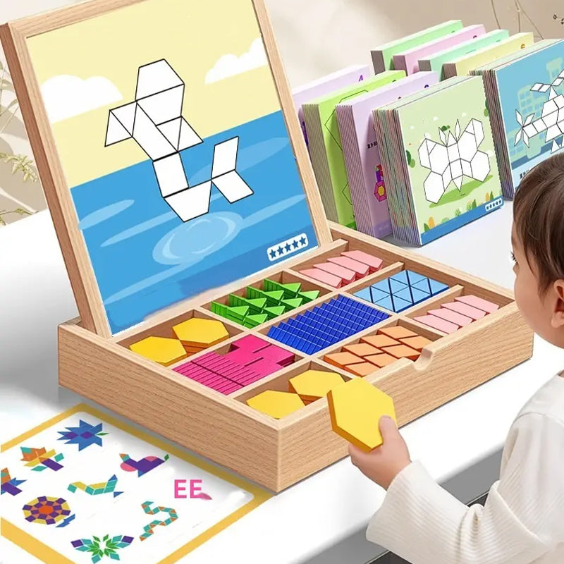 Mivoza magnetic wooden building blocks with pattern cards for creative and educational play, displayed with colorful block structures.