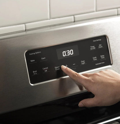 Casavibeo 30-inch freestanding gas range with four burners and oven, stainless steel finish, and control knobs on the front.